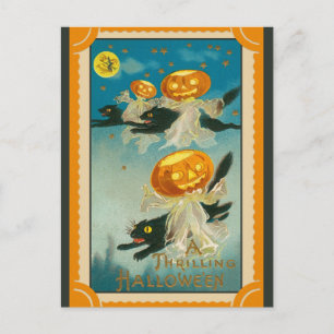 Carte Postale Chat noir Citrouille Vintage Halloween