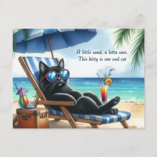 Carte Postale Chat noir cool à la plage 