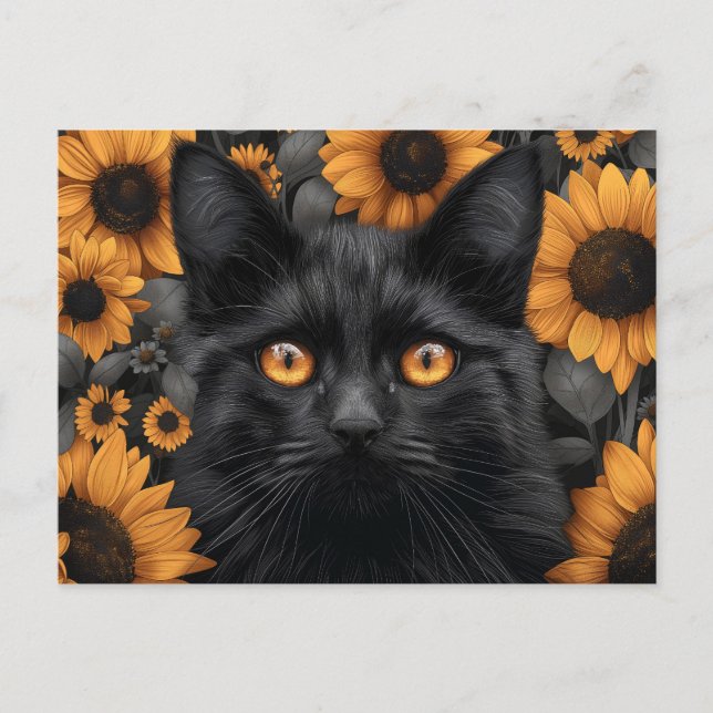 Carte Postale Chat noir dans le champ de tournesol (Devant)