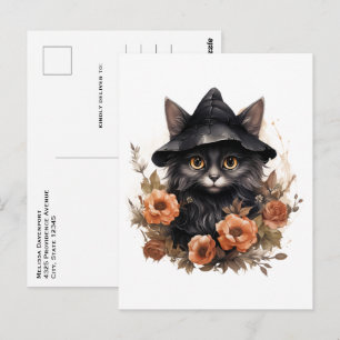 Carte Postale Chat noir dans le chapeau d'une sorcière noire Hal