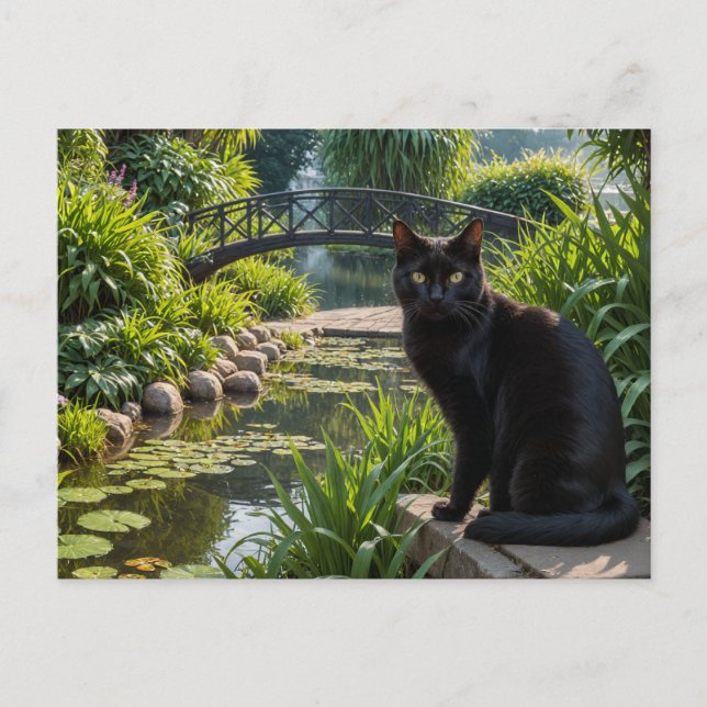 Carte Postale Chat noir dans un jardin (Devant)