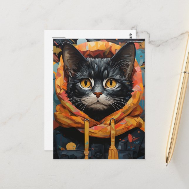 Carte Postale Chat noir dans une veste (Devant/Arrière en situation)