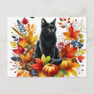 Carte postale Chat noir d'automne et Feuilles de s