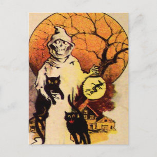 Carte Postale Chat noir de la Faucheuse (carte d'Halloween Vinta