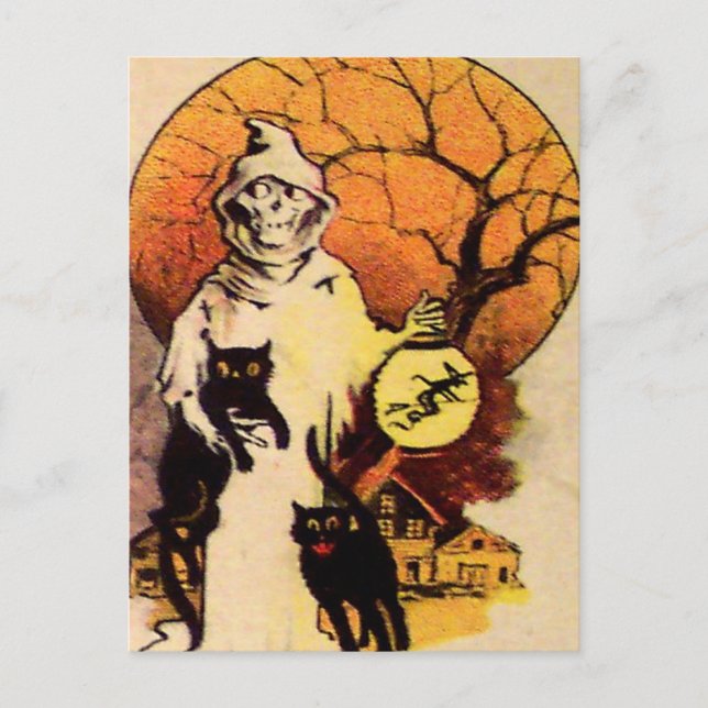 Carte Postale Chat noir de la Faucheuse (carte d'Halloween Vinta (Devant)