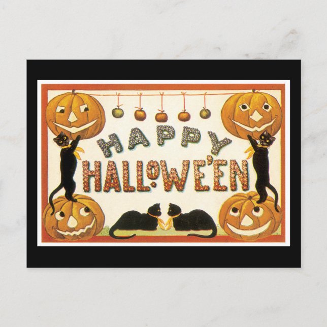 Carte Postale Chat noir d'Halloween et Citrouille (Devant)