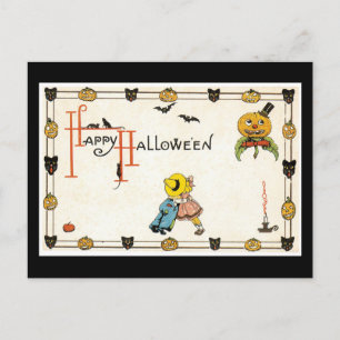 Carte Postale Chat noir d'Halloween et Citrouille