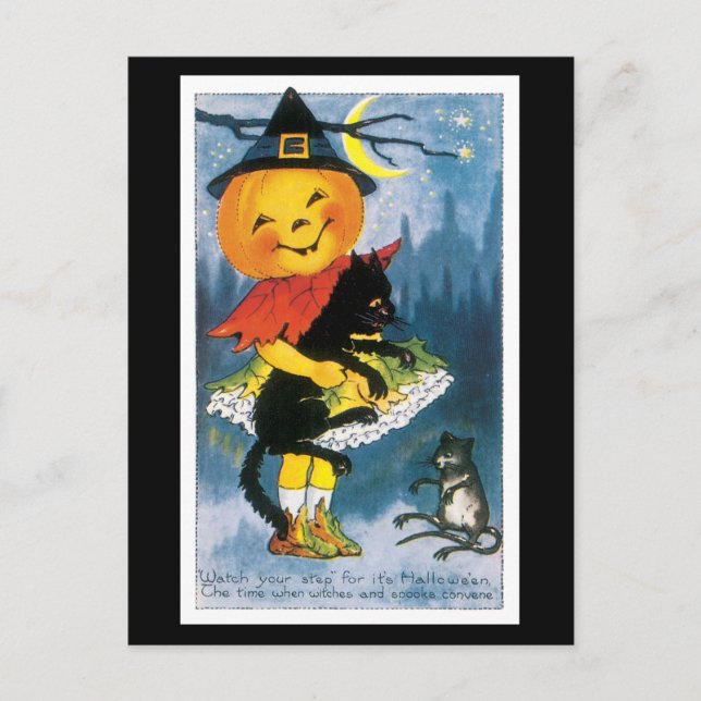 Carte Postale Chat noir d'Halloween et fille Citrouille (Devant)