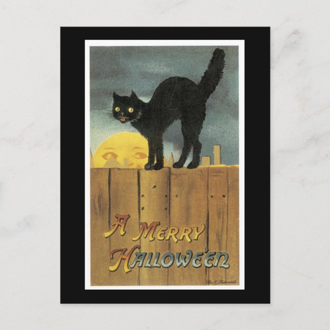 Carte Postale Chat noir d'Halloween et Fullmoon (Devant)