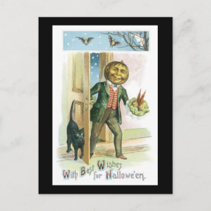 Carte Postale Chat noir d'Halloween et homme Citrouille