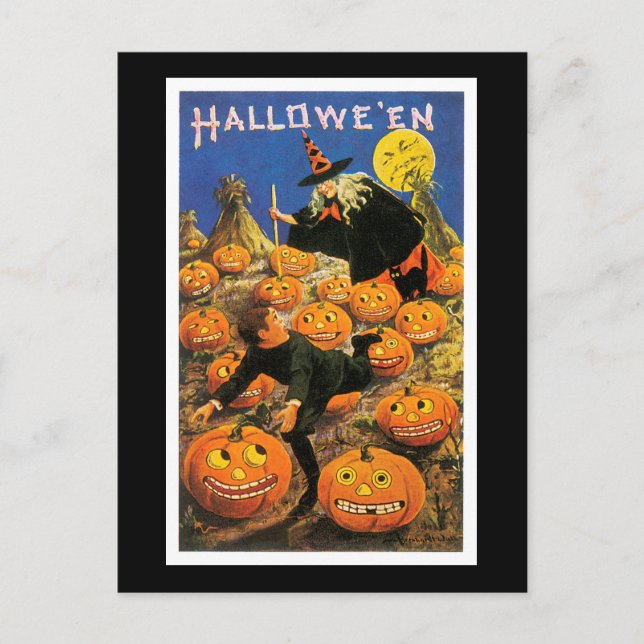 Carte Postale Chat noir d'Halloween, sorcière et Citrouille (Devant)
