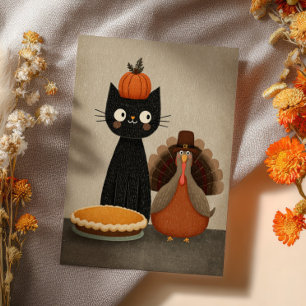 Carte Postale Chat noir, dinde et tarte au potiron Joyeux Thanks
