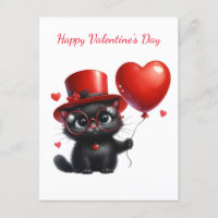 Chat noir drôle avec ballons Saint-Valentin