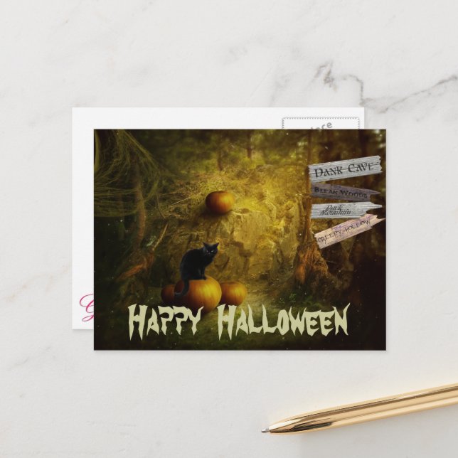 Carte Postale Chat noir éffrayant, Halloween Citrouille (Devant/Arrière en situation)