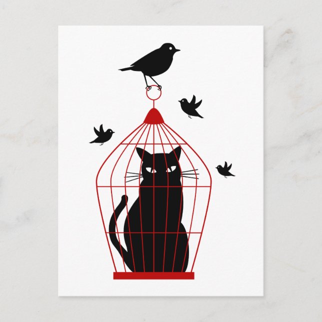 Carte Postale chat noir en cage à oiseaux (Devant)