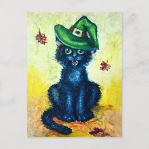 Carte Postale Chat noir en casquette sorcier
