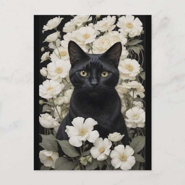 Carte Postale chat noir en fleurs blanches (Devant)