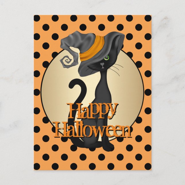 Carte Postale Chat noir en sorcière Casquette Halloween heureux (Devant)