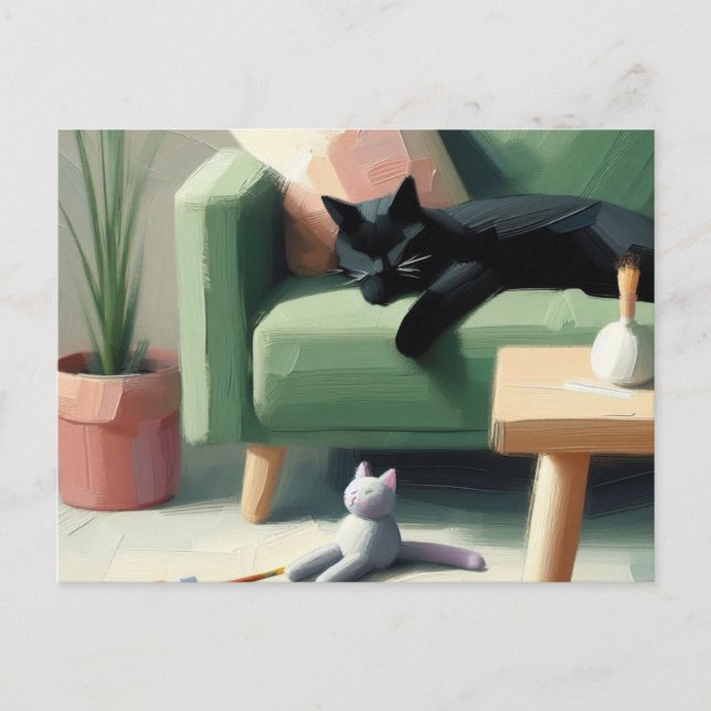 Carte Postale Chat Noir Endormi sur le Canapé Amoureux des Chats (Devant)