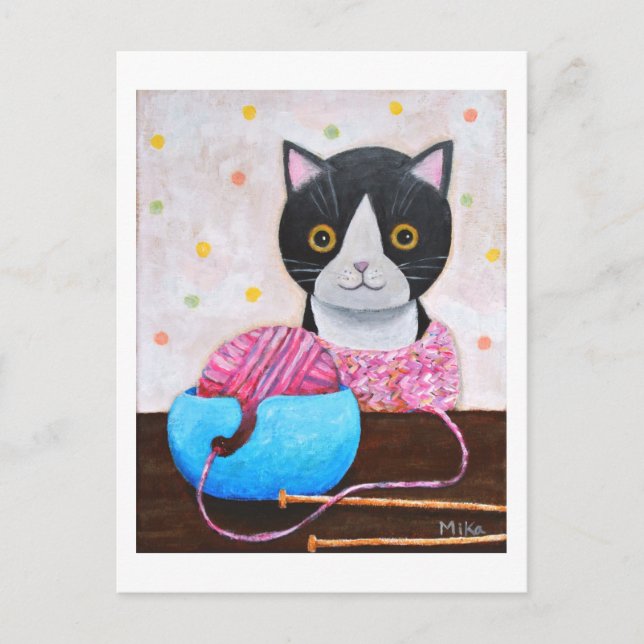 Carte Postale Chat noir et blanc avec aiguilles et fils tricots (Devant)