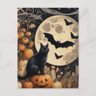 Carte Postale Chat noir et chauve-souris d'Halloween