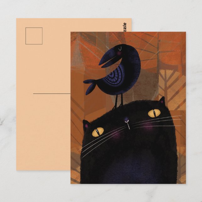Carte Postale Chat noir et corbeau (Devant / Derrière)