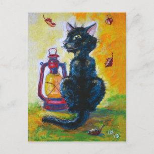Carte Postale Chat noir et lampe à lanterne rouge
