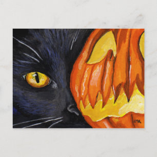 Carte Postale Chat noir et peinture Citrouille d'Halloween