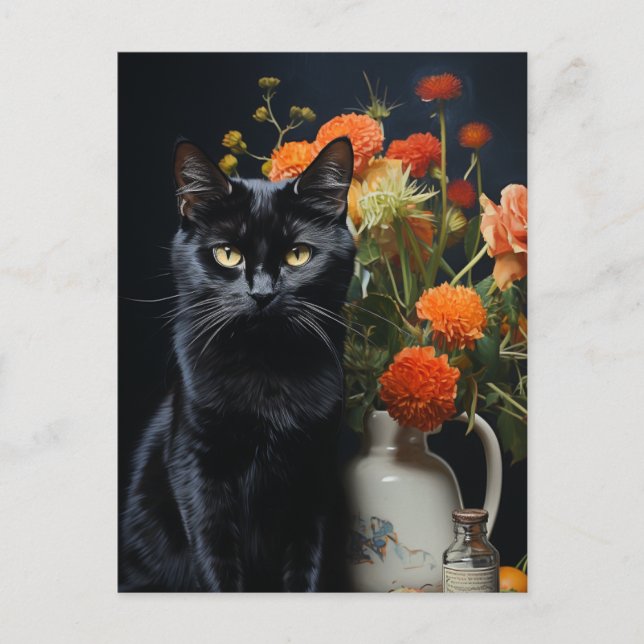 Carte Postale Chat noir Fleur Vintage Painage à vie fixe (Devant)