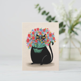 Carte Postale Chat noir & fleurs