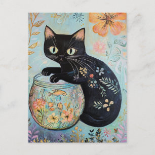Carte Postale Chat noir floral avec poisson d'or