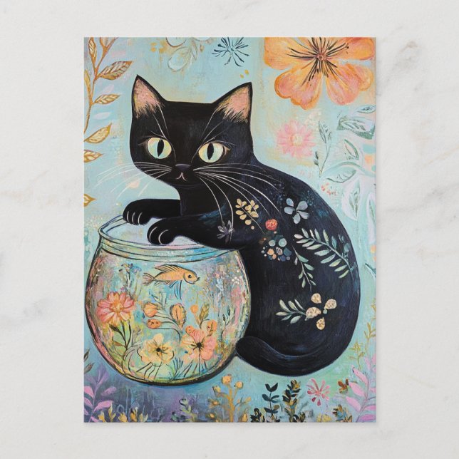 Carte Postale Chat noir floral avec poisson rouge  (Devant)