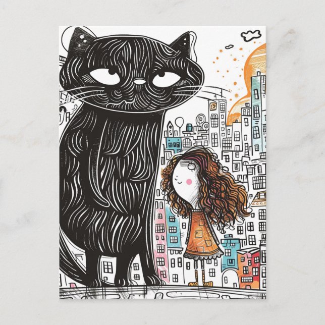 Carte Postale Chat noir géant et la fille dans la ville (Devant)