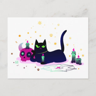Carte Postale Chat noir grincheux avec crâne