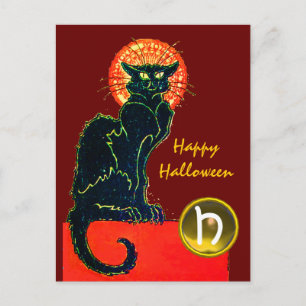 CARTE POSTALE CHAT NOIR HALLOWEEN PARTY MONOGRAM