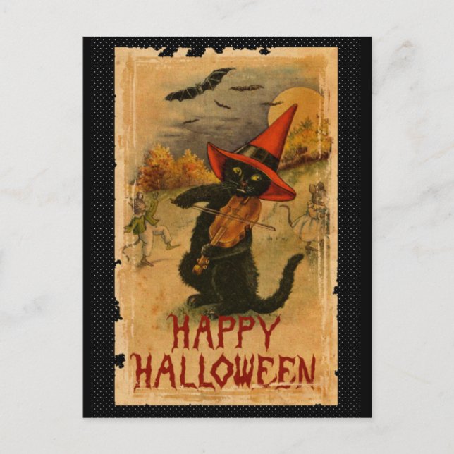 Carte Postale Chat noir heureux de Halloween jouant des battes (Devant)