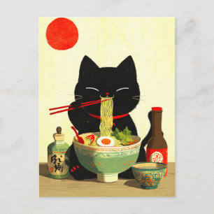 Carte Postale Chat noir heureux mangeant du Ramen   Ukiyo-e japo