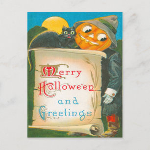 Carte Postale Chat noir Jack-o'-lantern Scarecrow