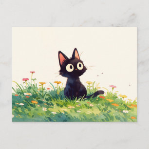 Carte Postale Chat noir Kawaii à l'aquarelle aux yeux écarquillé