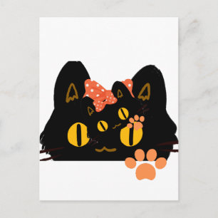 Carte Postale Chat noir kawaii en art à cache-cache avec un nœud