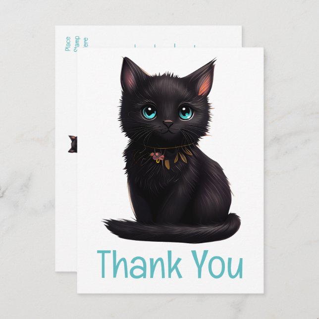Carte Postale Chat noir mignon Kitty Kitty Merci (Devant / Derrière)