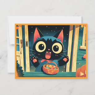 Carte Postale Chat noir mignon ou traiter Halloween