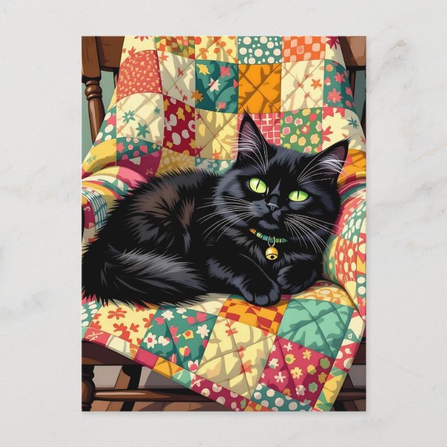 Carte Postale Chat noir mignon | Rester en contact (Devant)