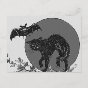 Carte Postale Chat noir monochrome chauve-souris pleine lune