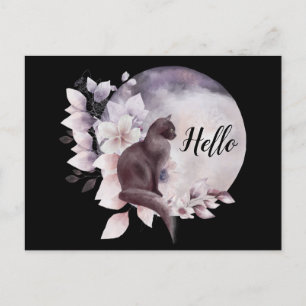 Carte Postale Chat noir par une Pleine lune magique Bonjour