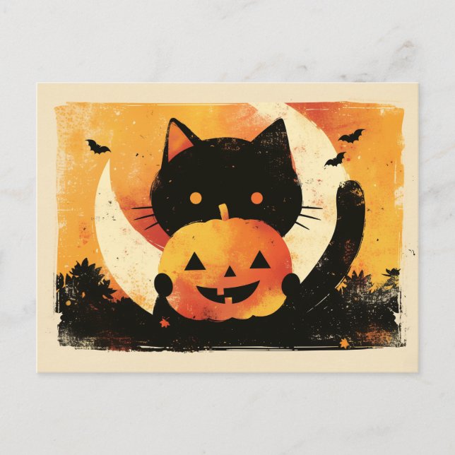 Carte Postale Chat noir rétro avec Jack O' Lantern (Devant)