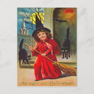 Carte Postale Chat noir sorcière chauve-souris pleine lune