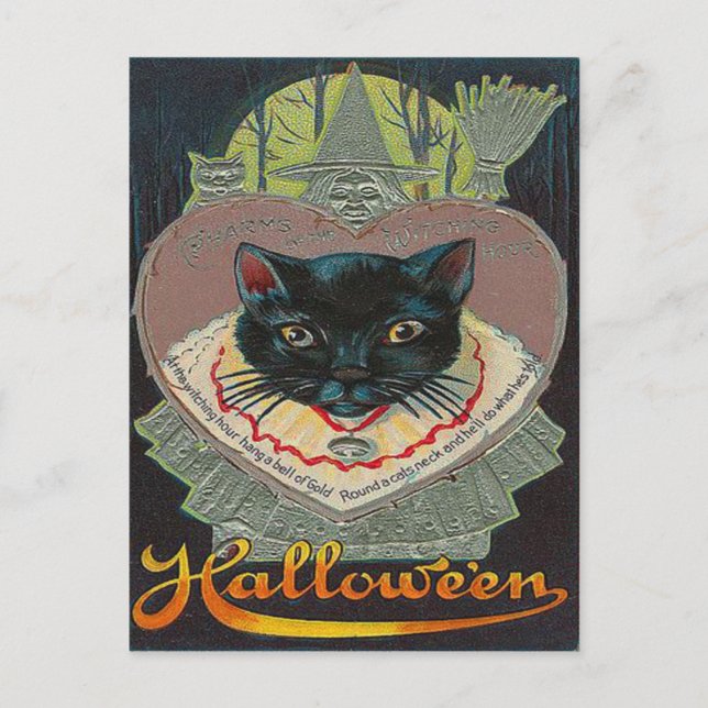 Carte Postale Chat noir Sorcière Heure de la Sorcellerie Pleine  (Devant)