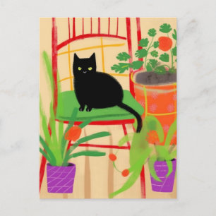 Carte Postale Chat noir sur chaise Vintage peinture à la fleur