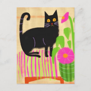 Carte Postale Chat noir sur Fleurs de sièges à rayures roses